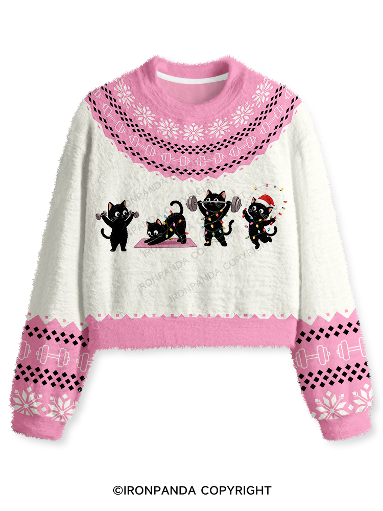 Fitness Black Cat Fuzzy Fleece Crop Sweater