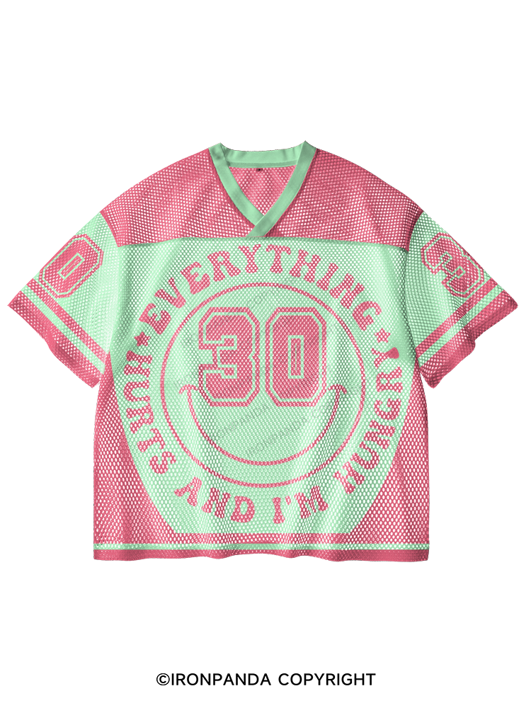 EVERYTHING HURTS AND I'M HUNGRY SMILE V-Neck Open Hole Mesh Top