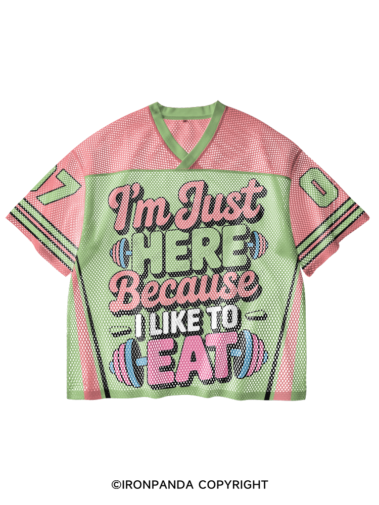 I'M JUST HERE BECAUSE I LIKE TO EAT FUNNY V-Neck Open Hole Mesh Top