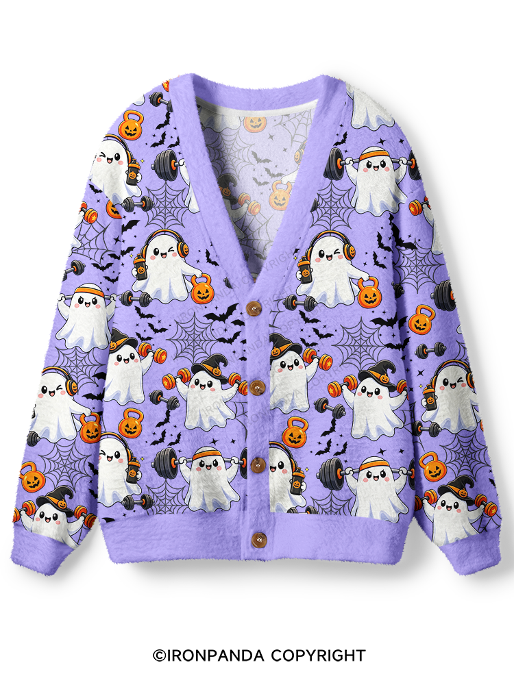 GHOST GYM OF PUMPKINS AND BARBELLS Ugly Cardigan Sweater