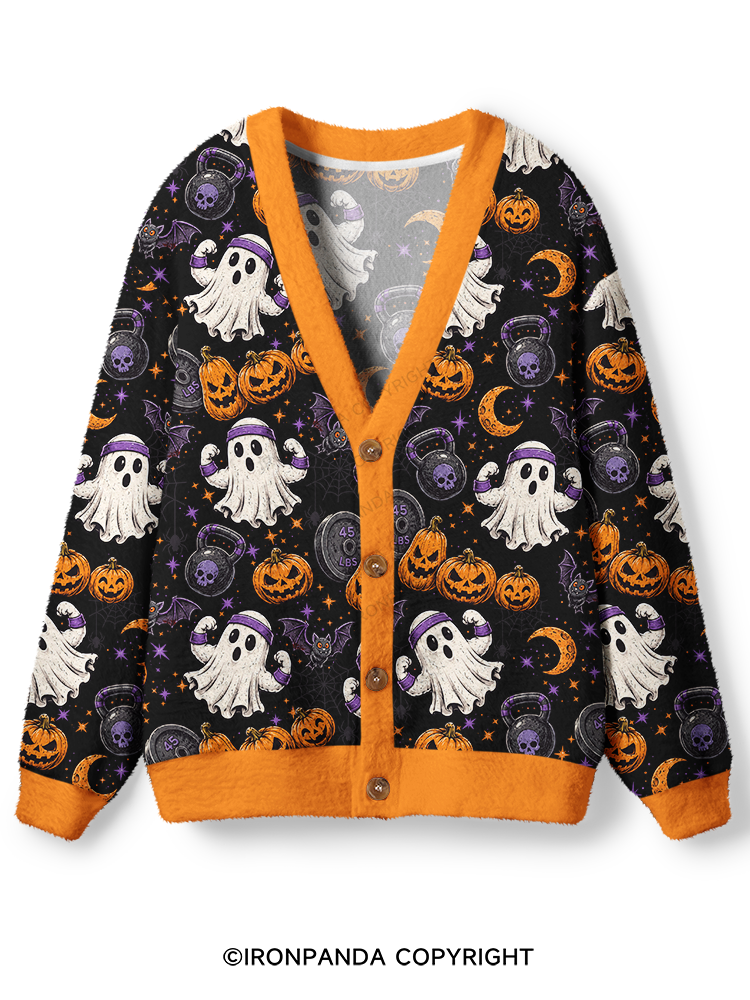 Spooky Fitness Kettlebell Pumpkin Workout Ugly Cardigan Sweater