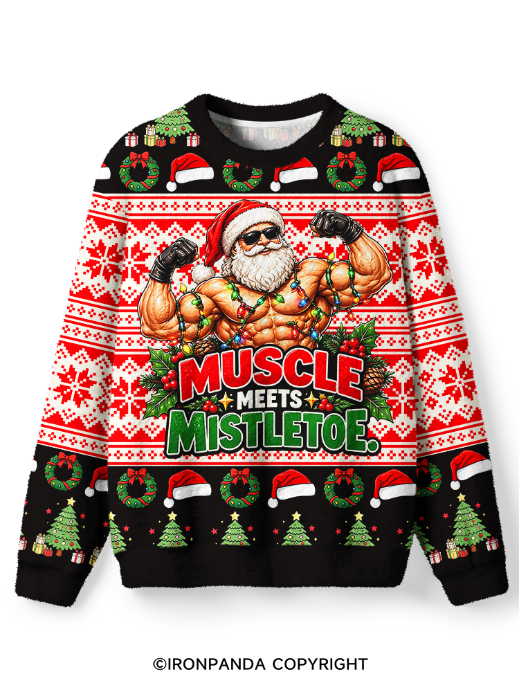 Muscle Meets Mistletoe - Funny Bodybuilder Santa Christmas Ugly Fuzzy Fleece Sweater