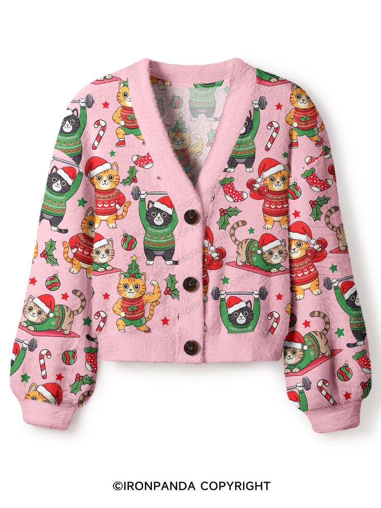 CHRISTMAS FITNESS CATS Crop Ugly Cardigan Sweater