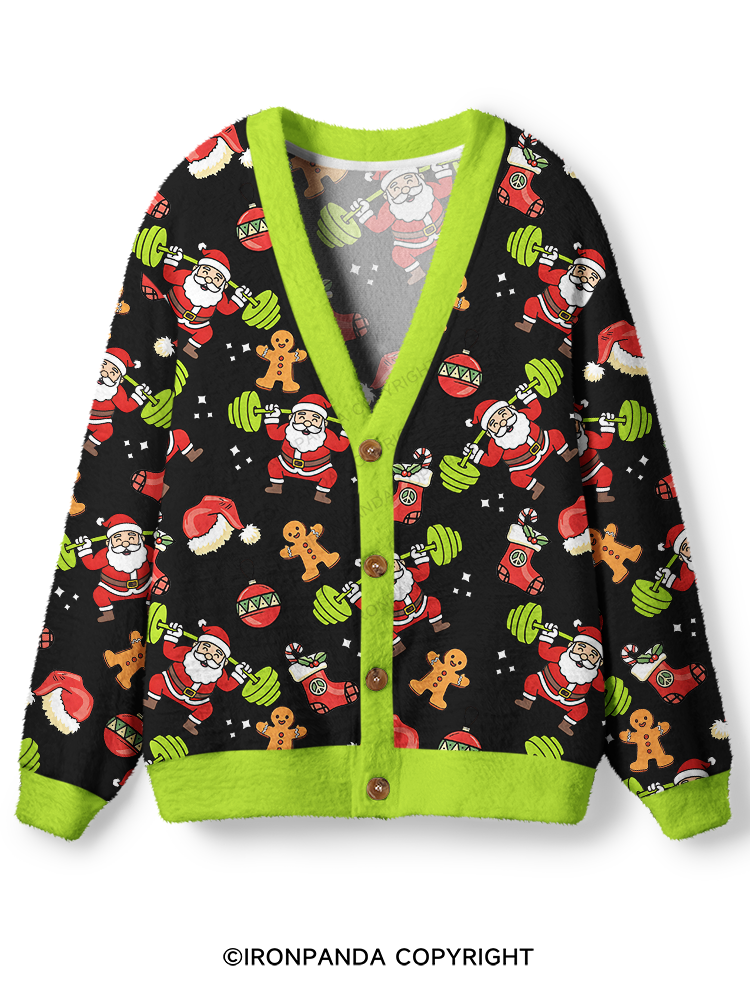 Santa Lifting Weights Skip Legs Funny Holiday Gym Ugly Cardigan Sweater