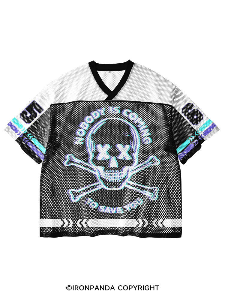 Nobody Is Coming To Save You Skull V-Neck Open Hole Mesh Top