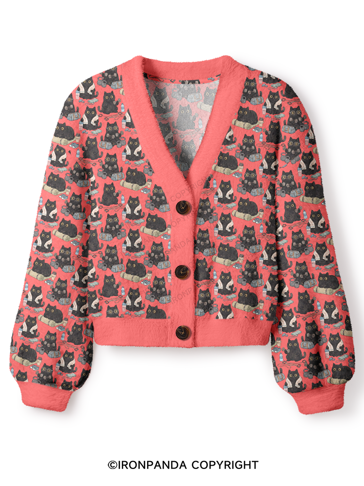 Black Cat Fitness Crop Ugly Cardigan Sweater
