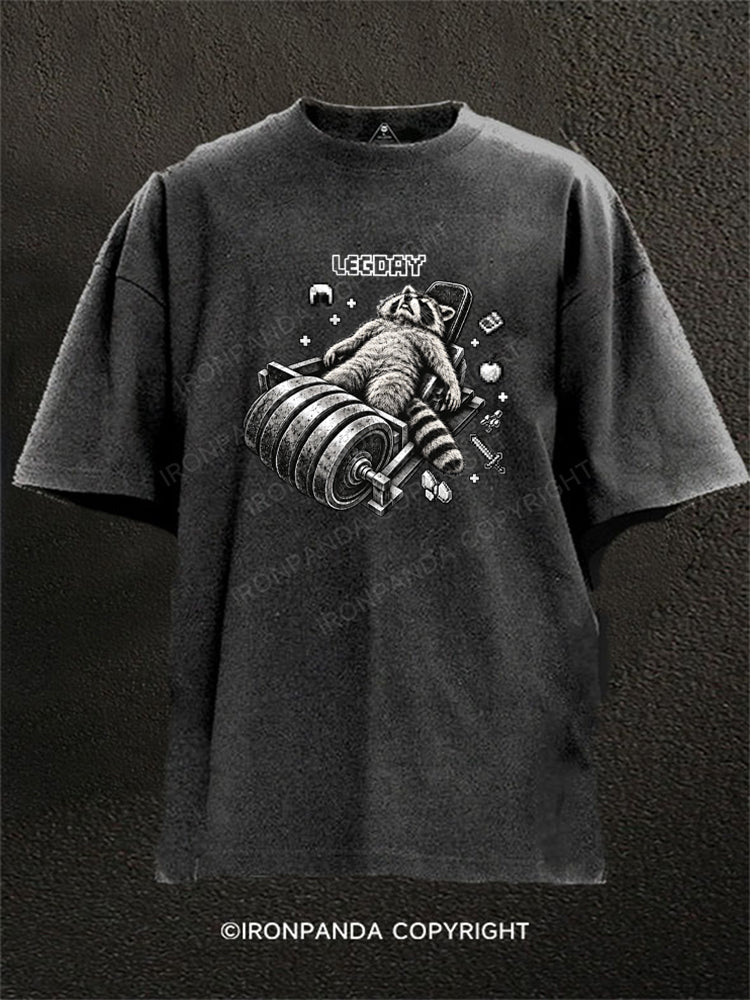 Heavy Leg Press Gamer Leg Day Raccoon Washed Gym Shirt
