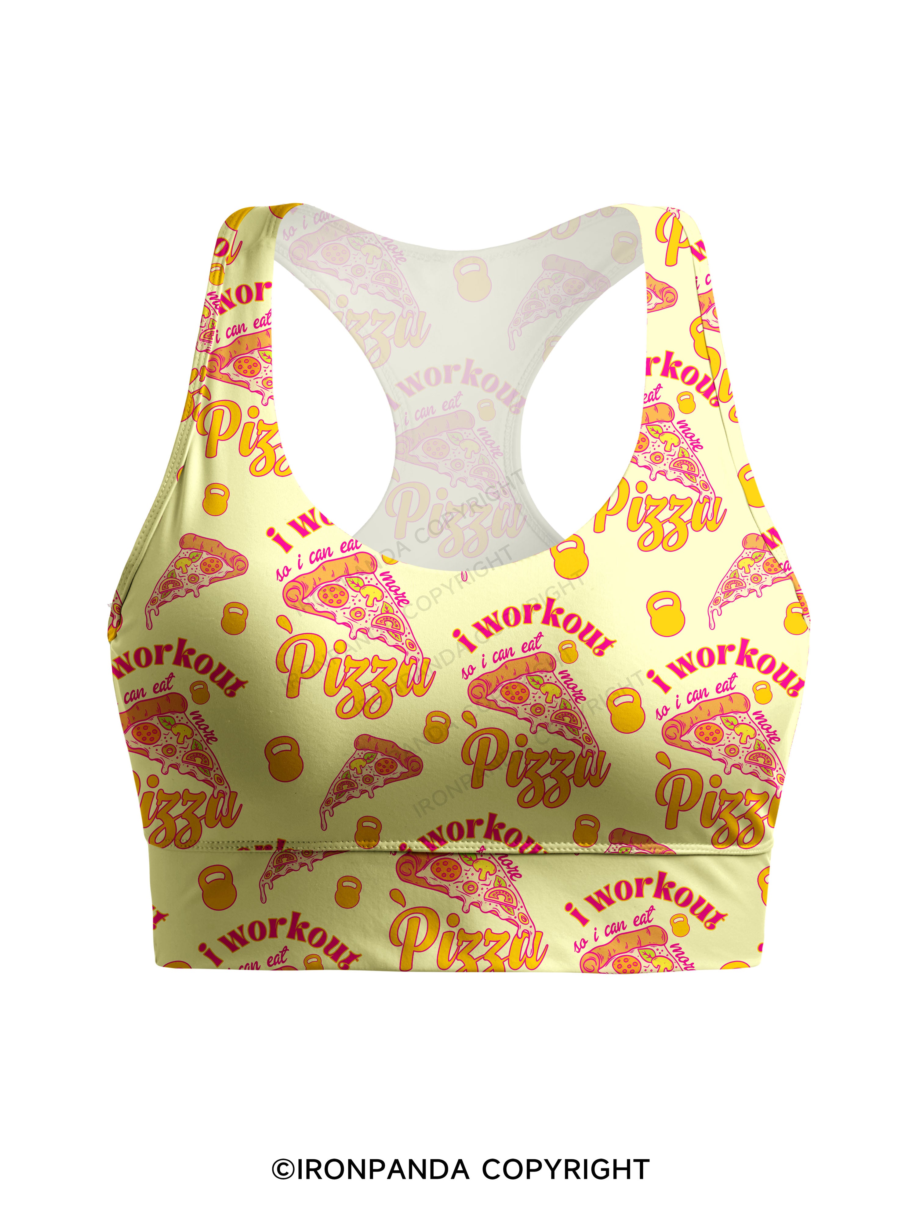 i workout so i can eat more pizza Racerback Sports Bra