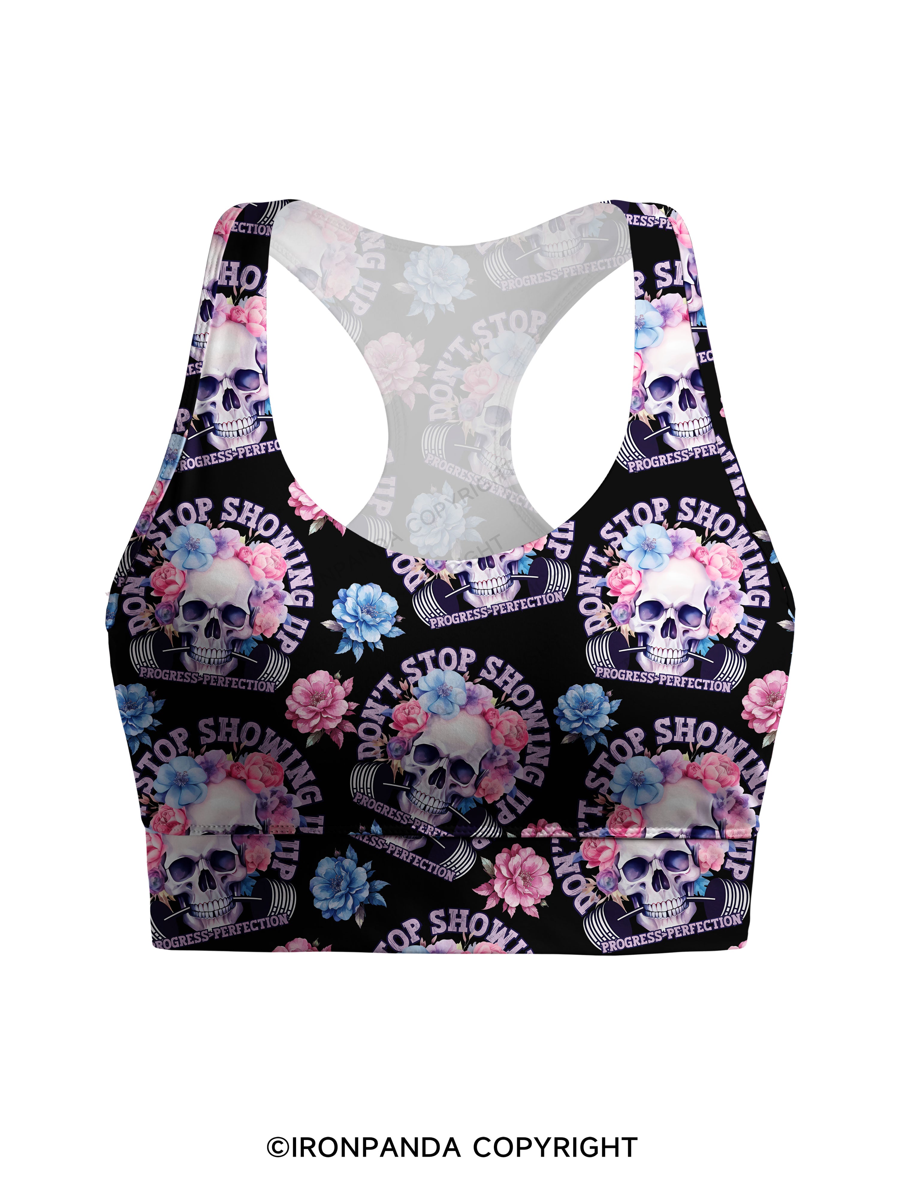 DON’T STOP SHOWING UP PROGRESS-PERFECTION Racerback Sports Bra