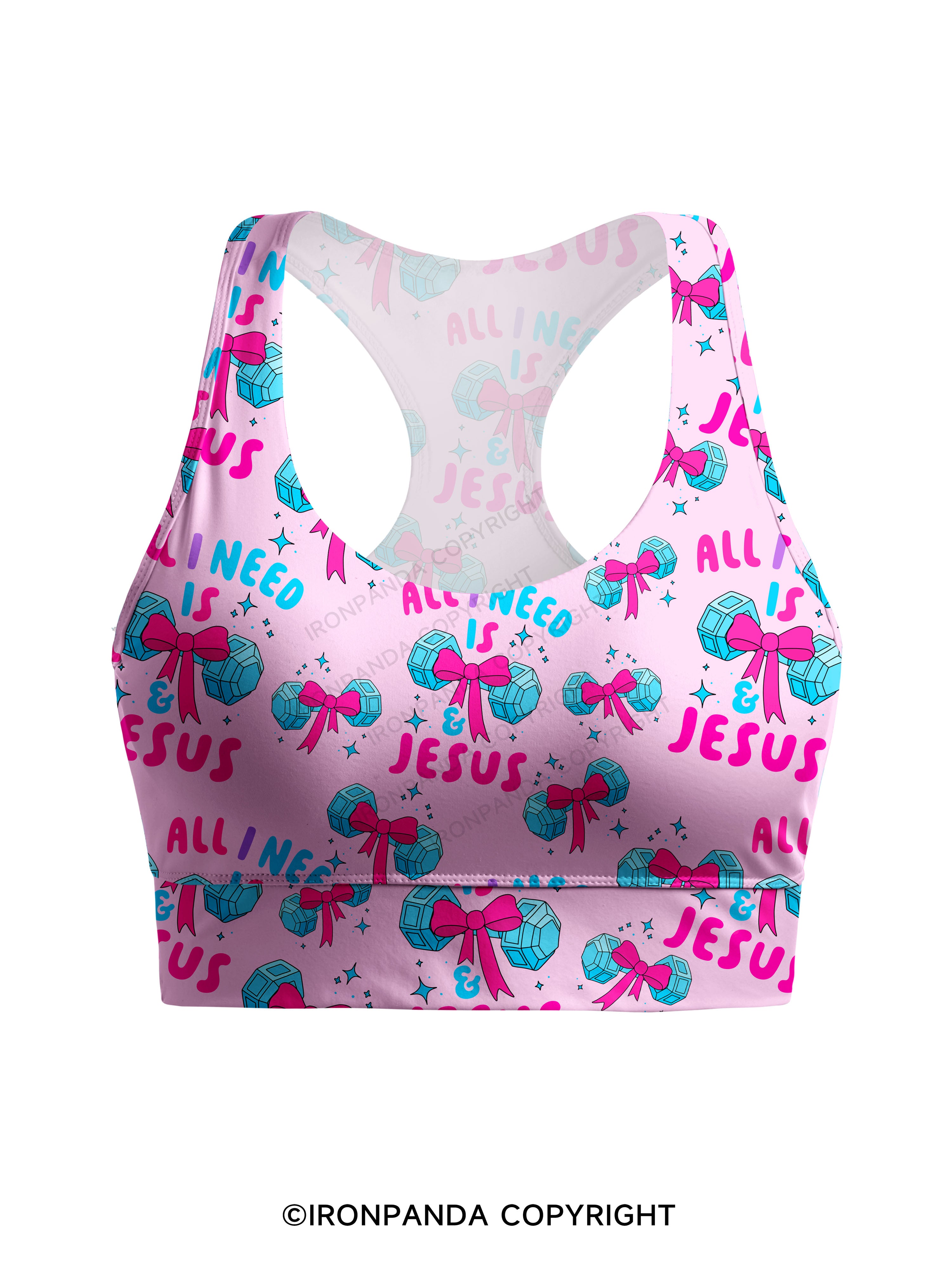 ALL I NEED IS MY WEIGHTS & JESUS Racerback Sports Bra
