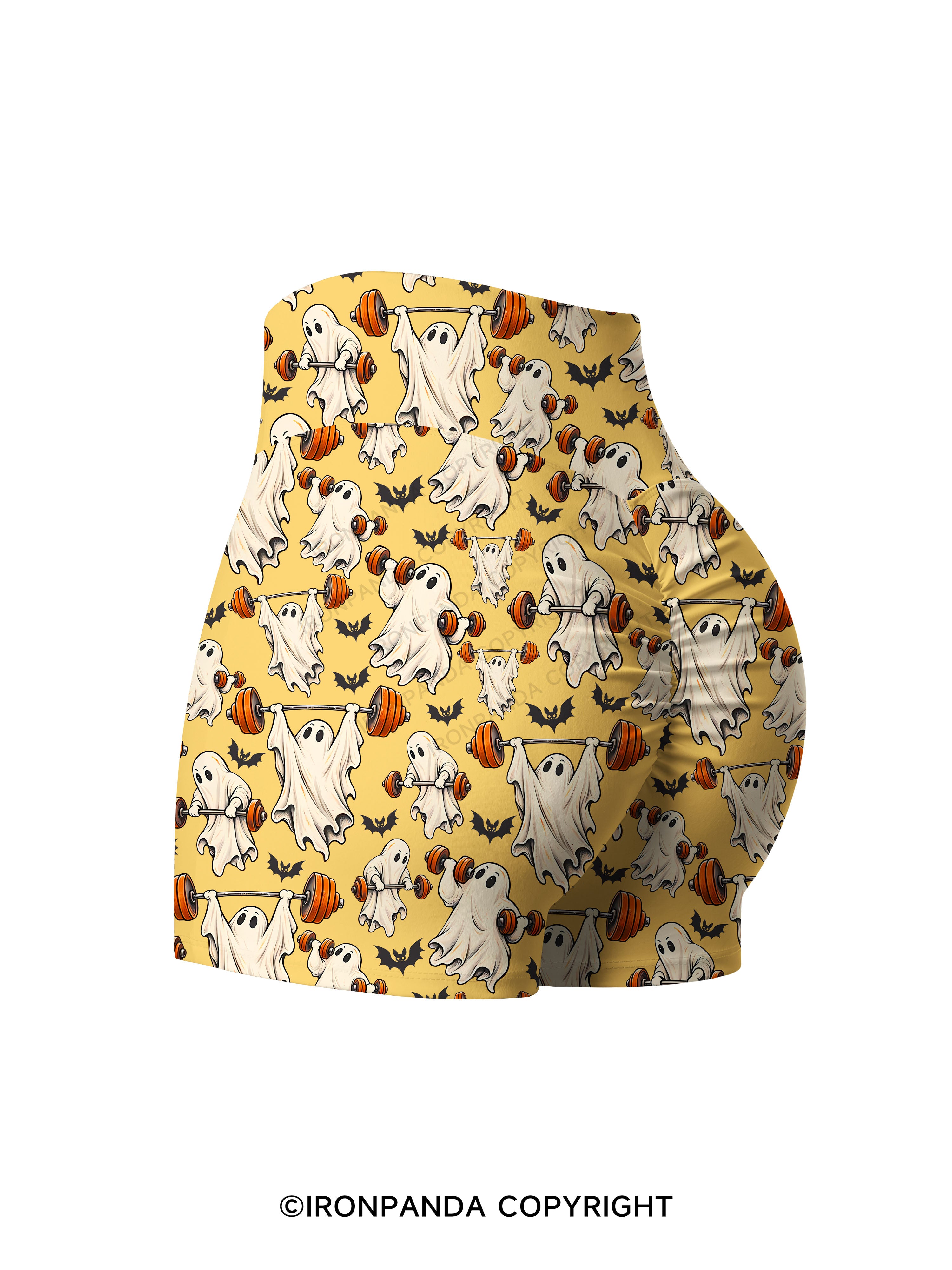 Weightlifting Ghost Spooky Workout Printed Yoga Shorts