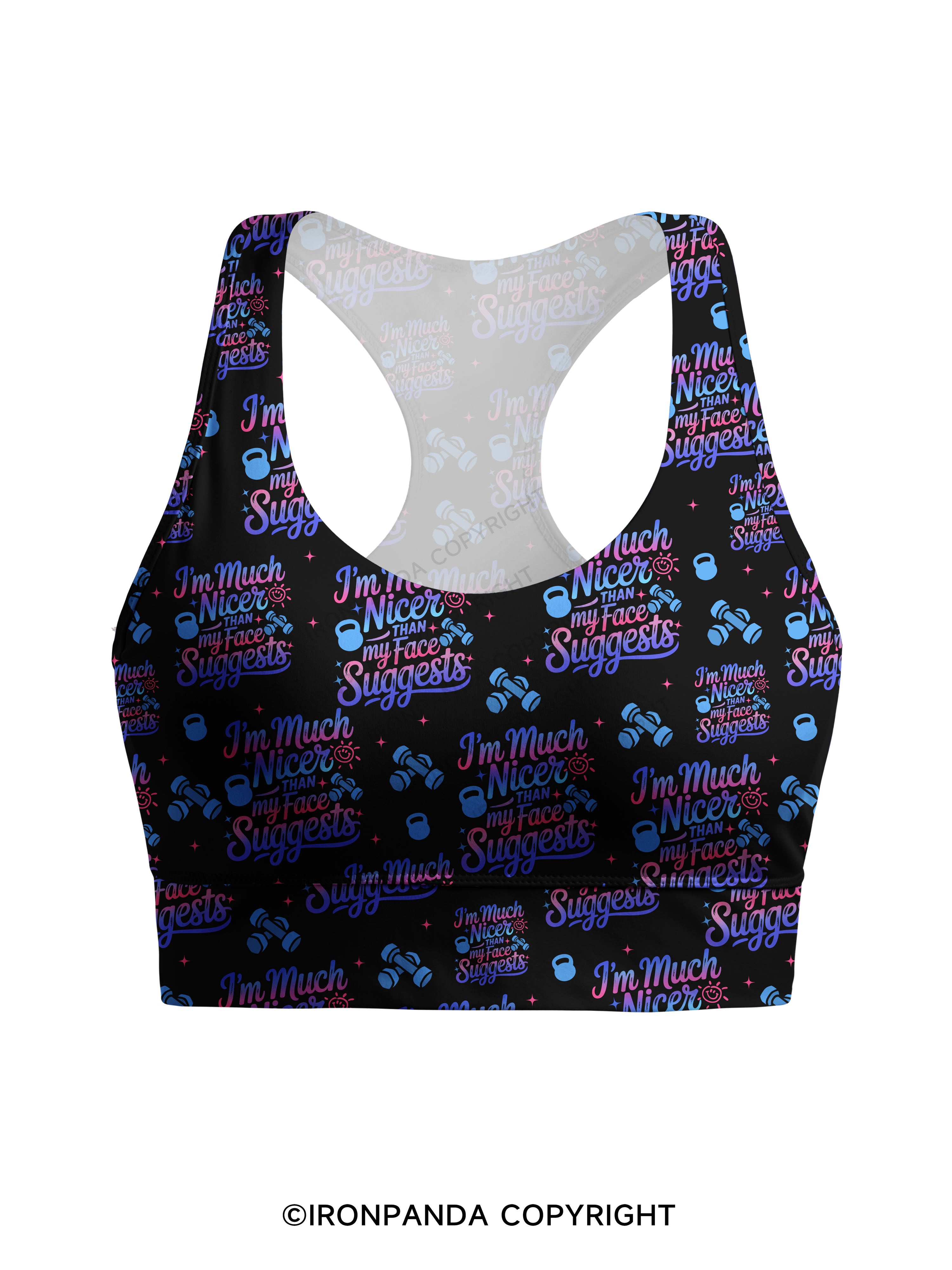 i'm much nicer than my face suggests Racerback Sports Bra