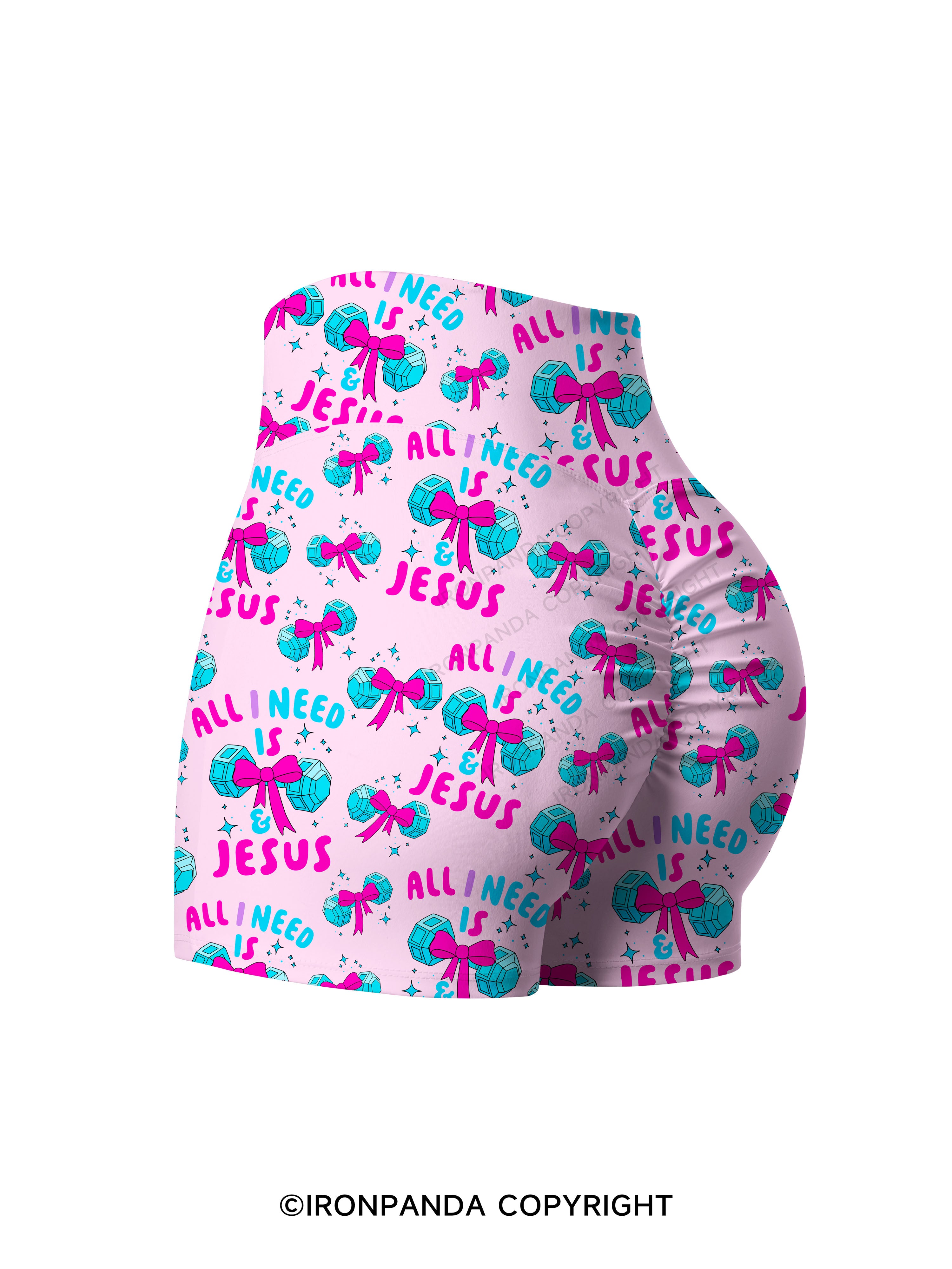 ALL I NEED IS MY WEIGHTS & JESUS Printed Yoga Shorts