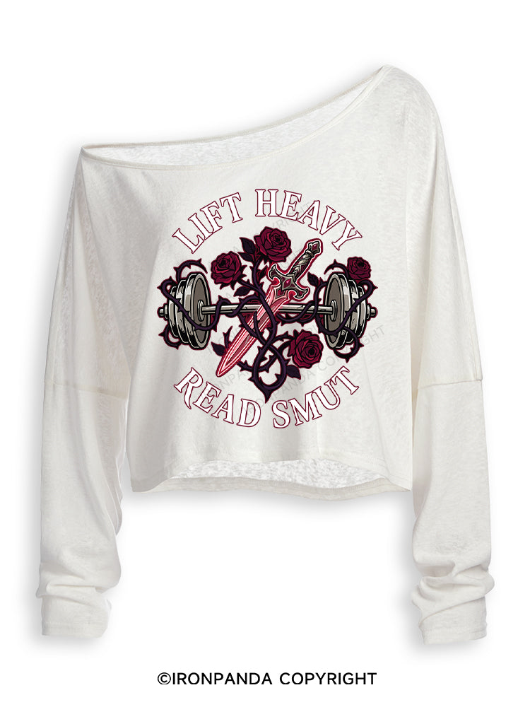 LIFT HEAVY READ SMUT Off Shoulder Long Sleeve Crop Top