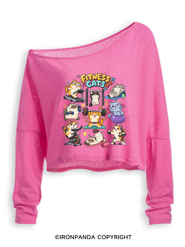 Fitness Cats Gym Workout Off Shoulder Long Sleeve Crop Top