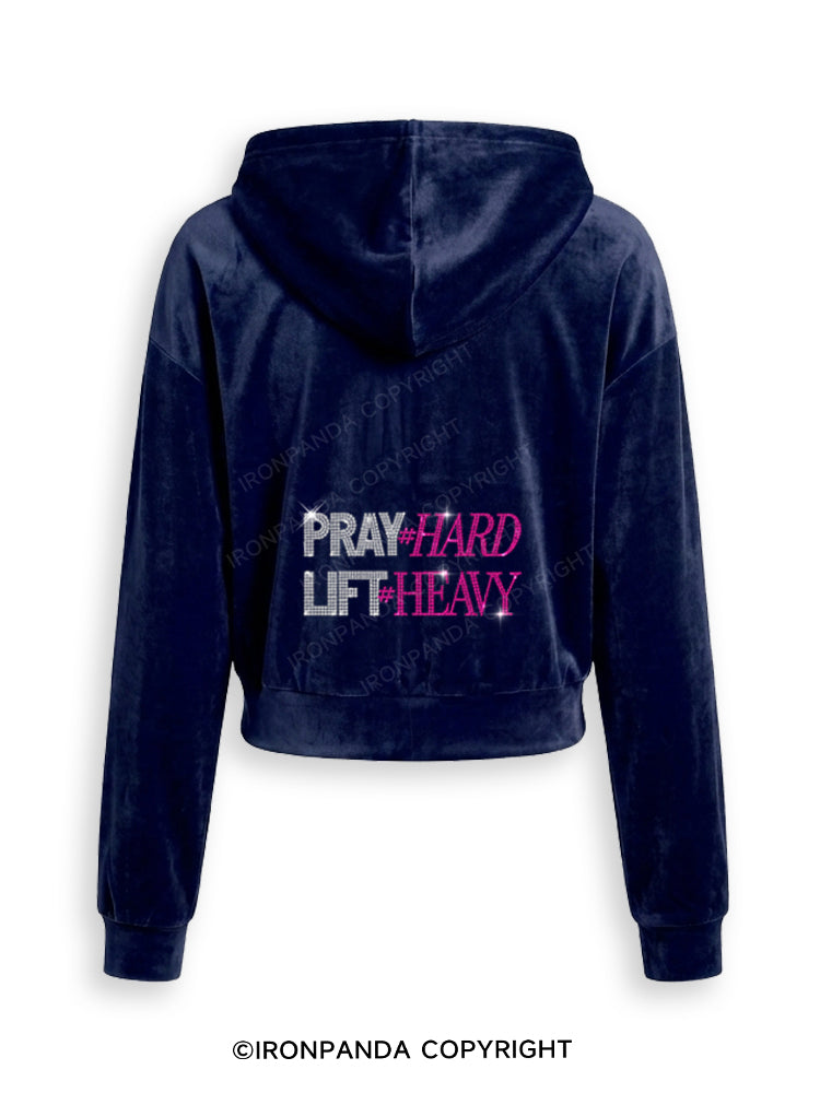 PRAY HARD # LIFT HEAVY GYM Rhinestone Velvet Tracksuit Set