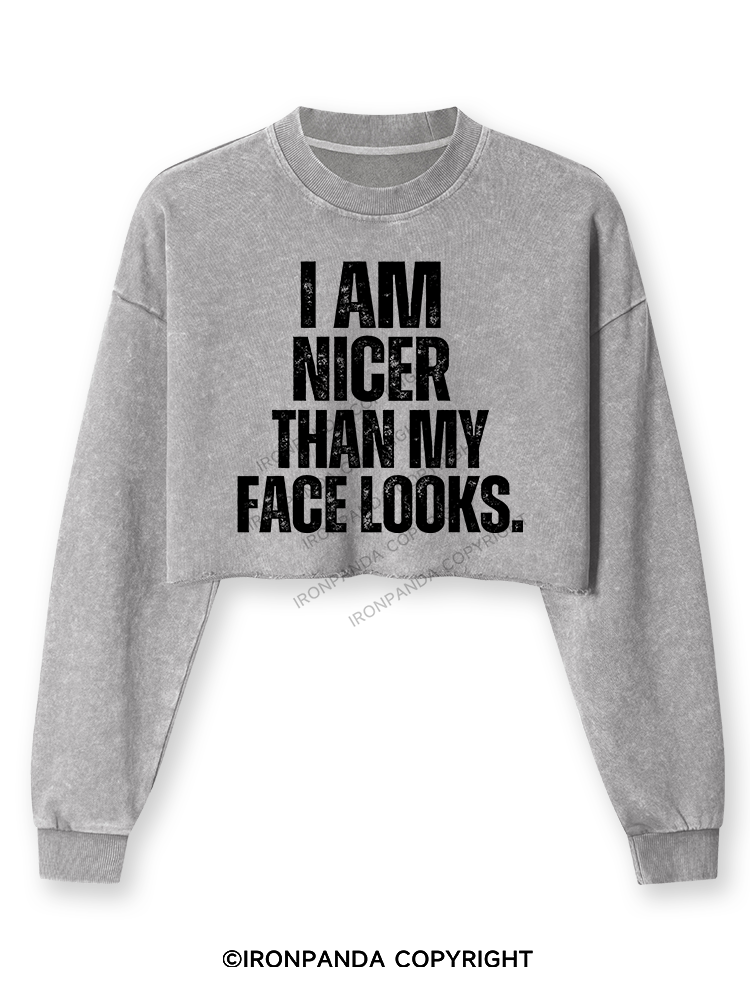 I'M NICER THAN MY FACE LOOKS Washed Long-Sleeve Crop Top