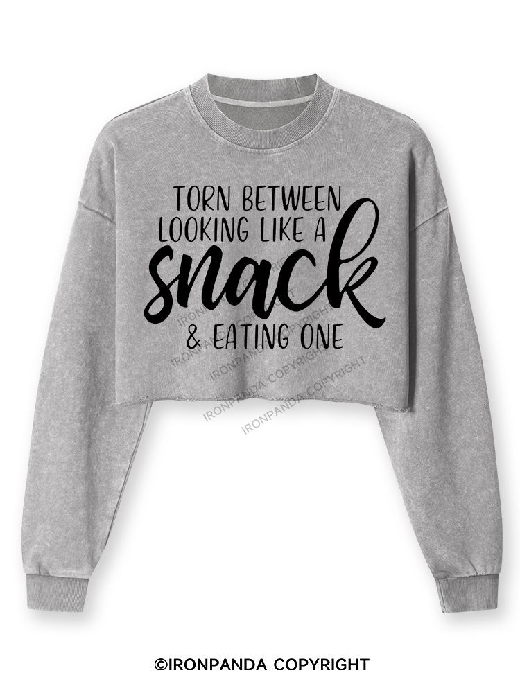 TORN BETWEEN A SNACK AND EAT ONE Washed Long-Sleeve Crop Top