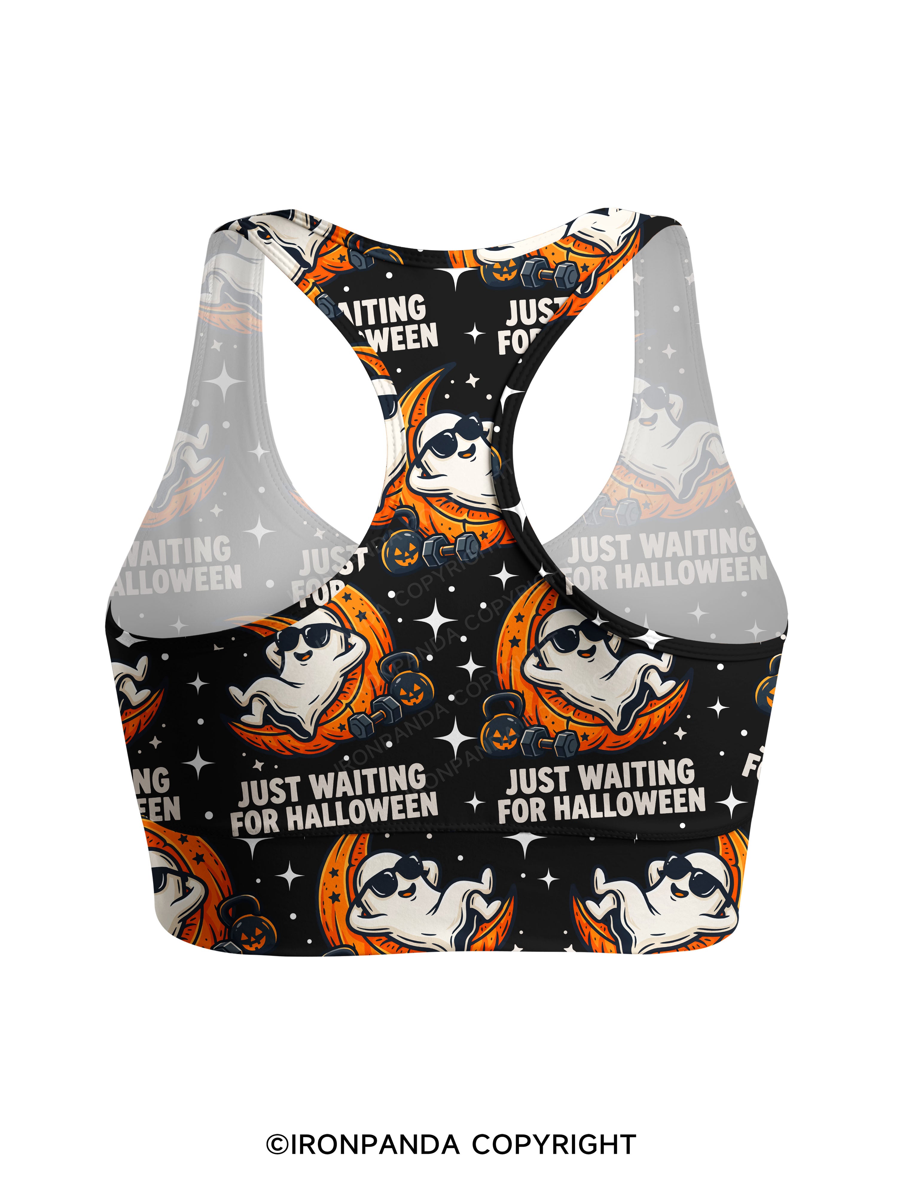 JUST WAITING FOR HALLOWEEN GYM GHOST Racerback Sports Bra