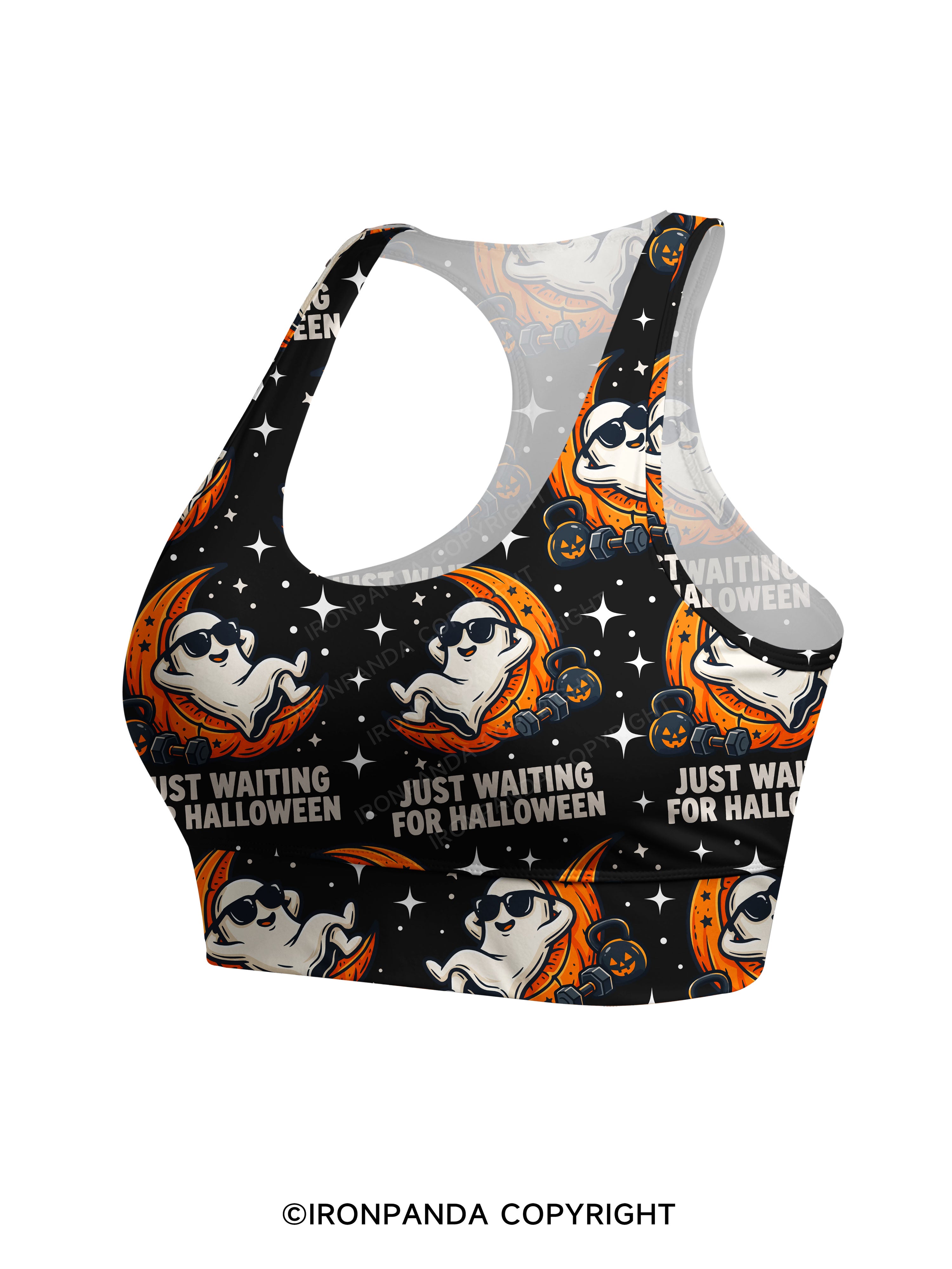 JUST WAITING FOR HALLOWEEN GYM GHOST Racerback Sports Bra