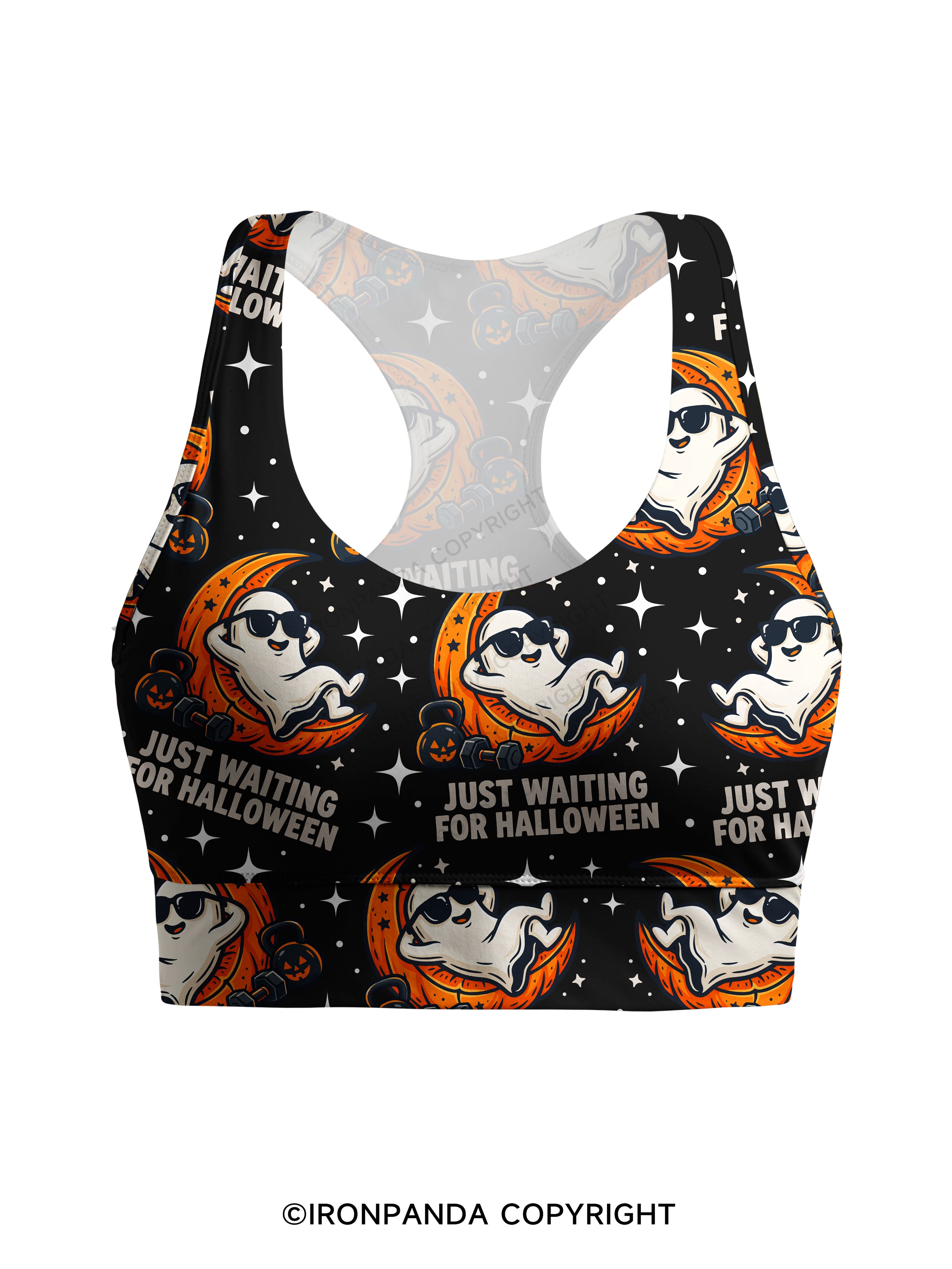JUST WAITING FOR HALLOWEEN GYM GHOST Racerback Sports Bra