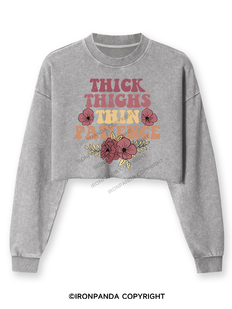 THICK THIGHS THIN PATIENCE Washed Long-Sleeve Crop Top