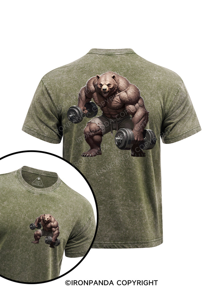 Barbell Bear printed Washed Gym Shirt