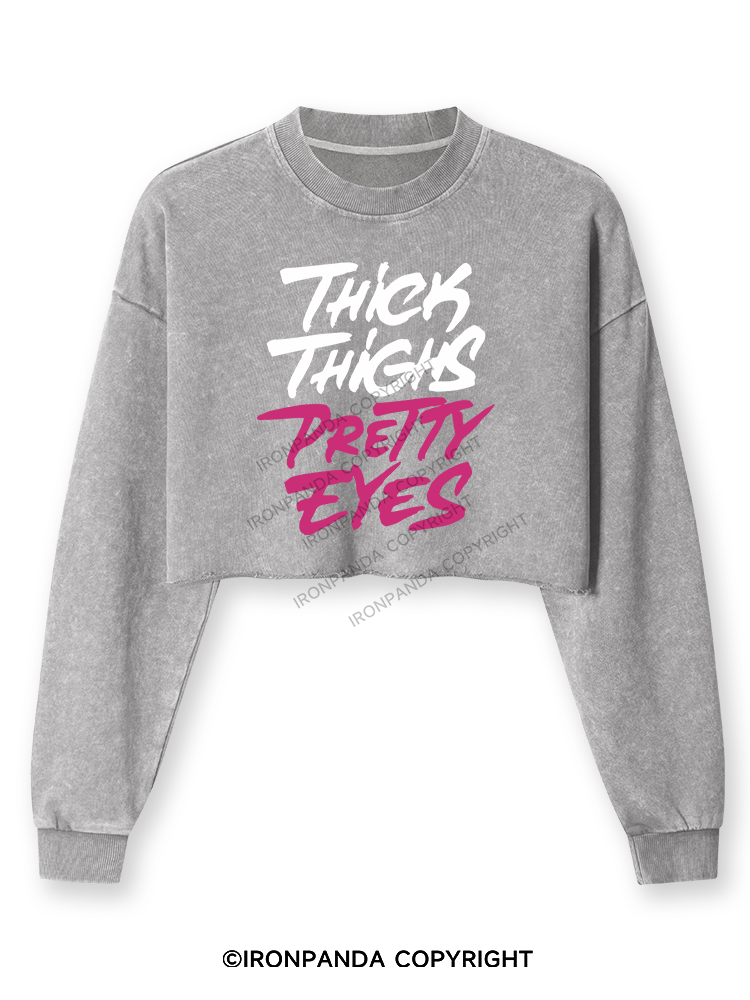 THICK THIGHS PRETTY EYES Washed Long-Sleeve Crop Top