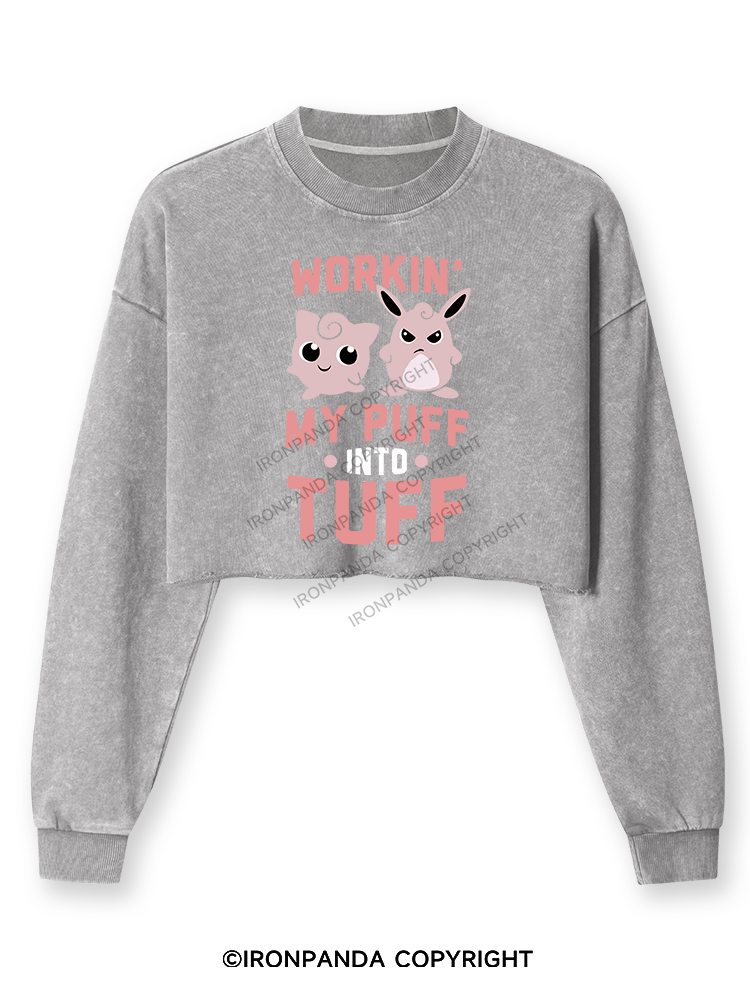 WORKIN MY PUFF INTO TUFF Washed Long-Sleeve Crop Top