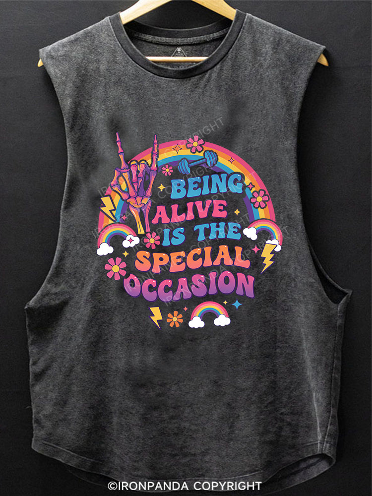 BEING ALIVE IS THE SPECIAL OCCASION SCOOP BOTTOM COTTON TANK