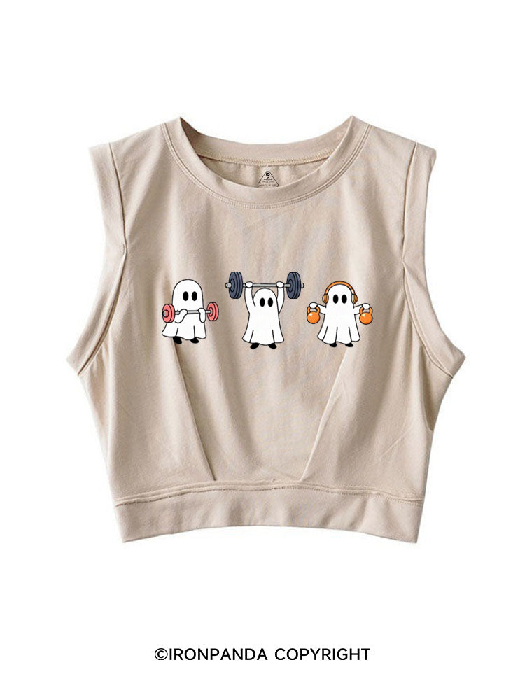 GHOST LIFTING WEIGHTS BARBELL GYM LOVERS SLEEVELESS CROP TOPS