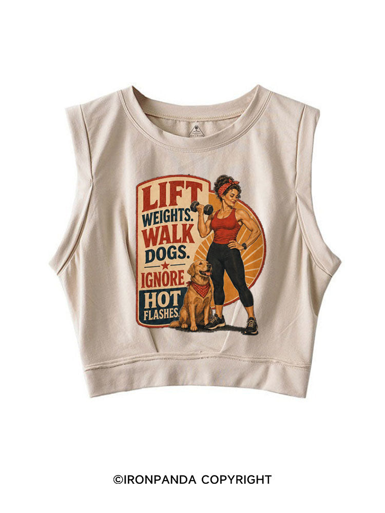 LIFT WEIGHTS WALK DOGS RETRO FITNESS SLEEVELESS CROP TOPS