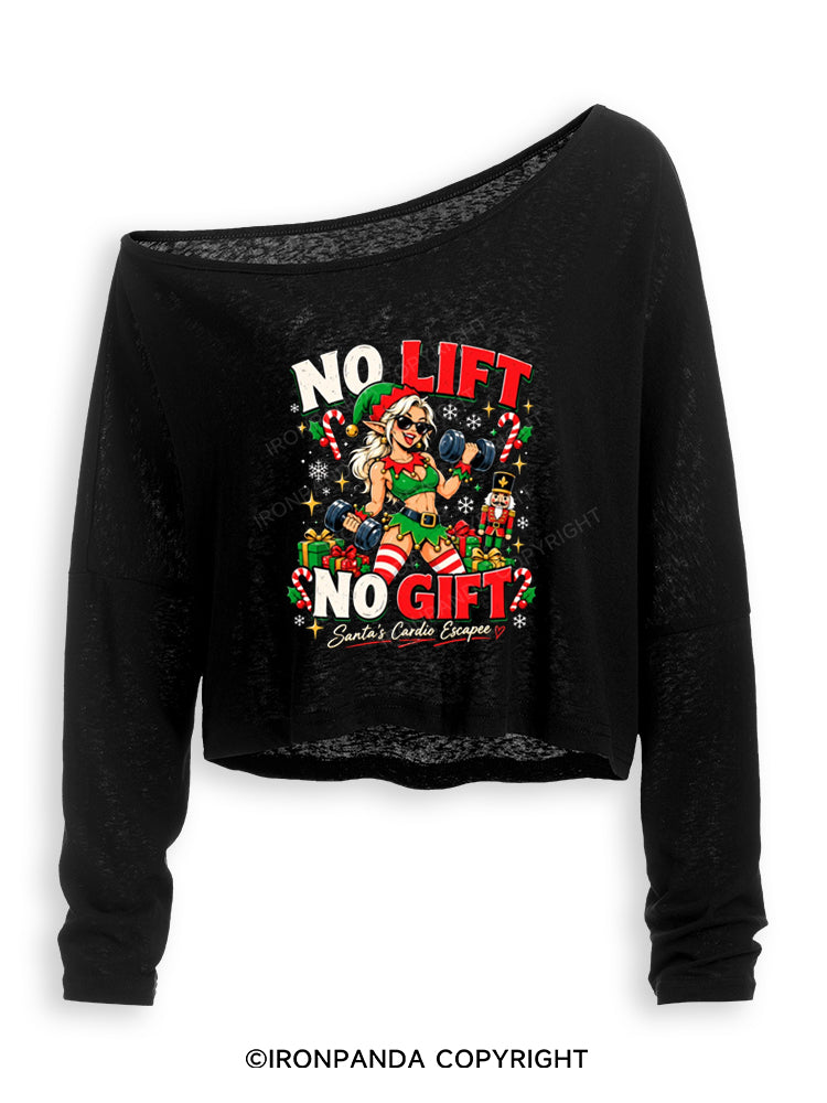 NO LIFT NO GIFT SANTAS CARDIO ESCAPEE ELF Off Shoulder Long Sleeve Crop Top