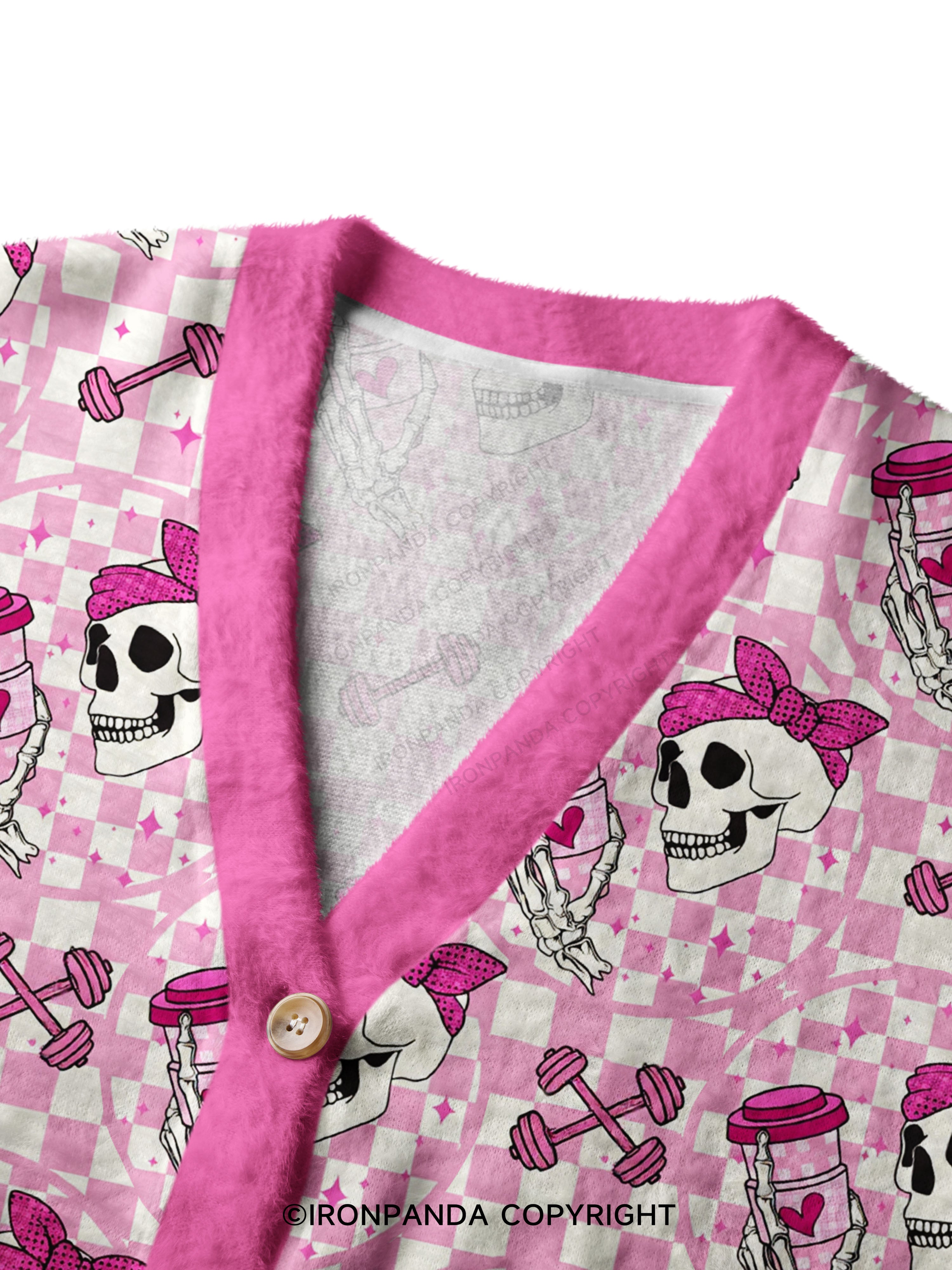 Pink Check Gym Skull Crop Ugly Cardigan Sweater