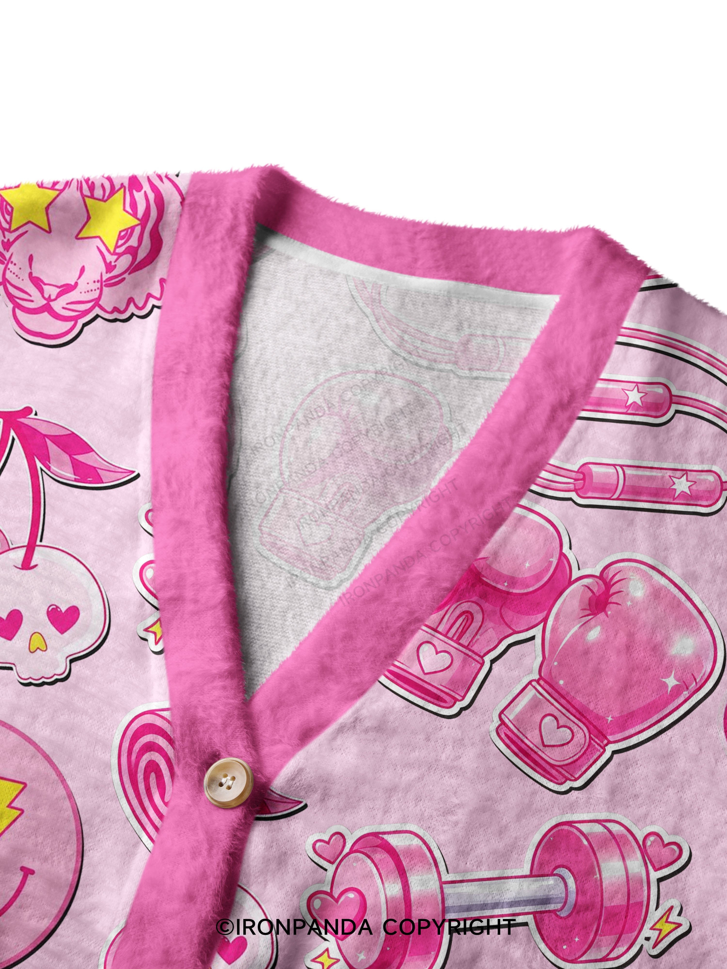 Pink Gym Sticker Bomb Crop Ugly Cardigan Sweater