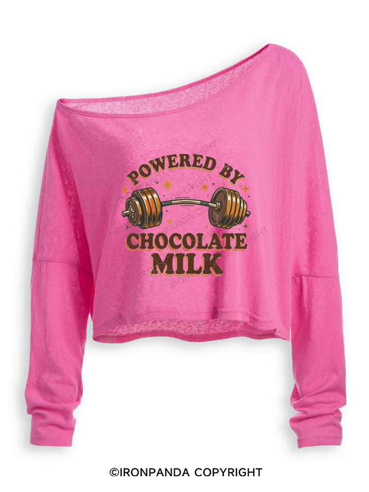 POWERED BY CHOCOLATE MILK FUNNY GYM Off Shoulder Long Sleeve Crop Top
