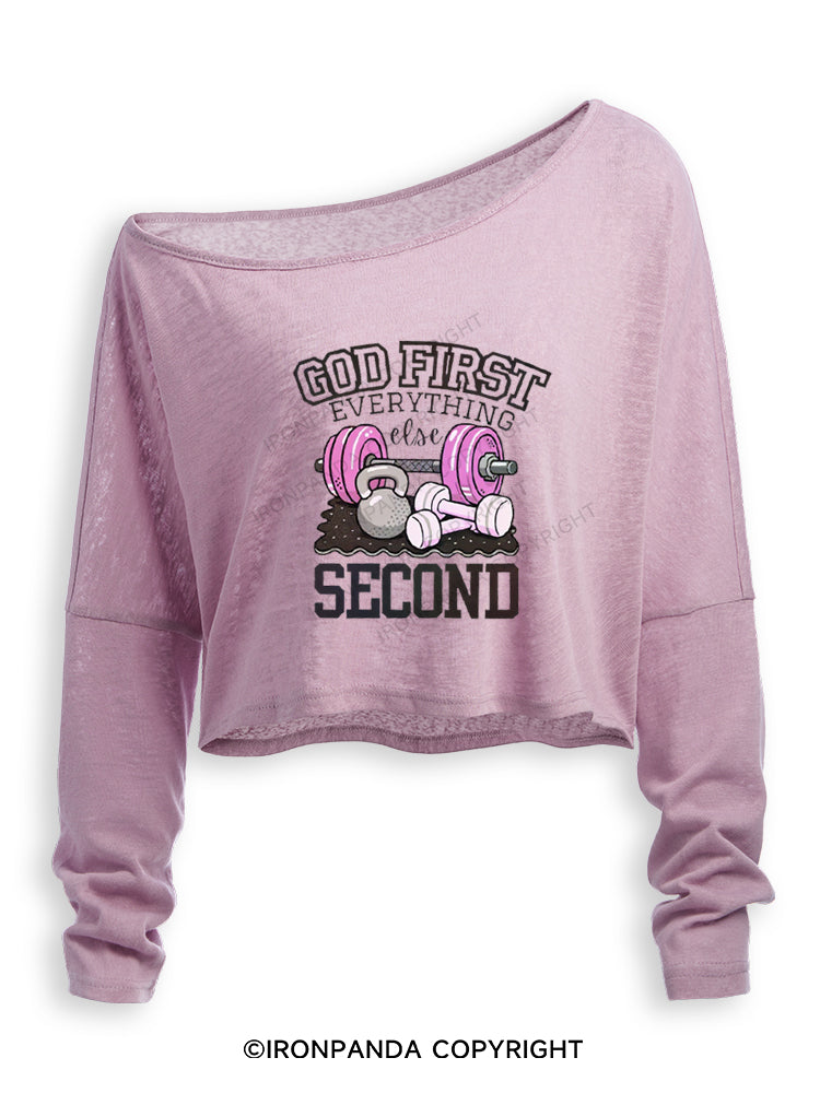 GOD FIRST EVERYTHING ELSE SECOND Off Shoulder Long Sleeve Crop Top