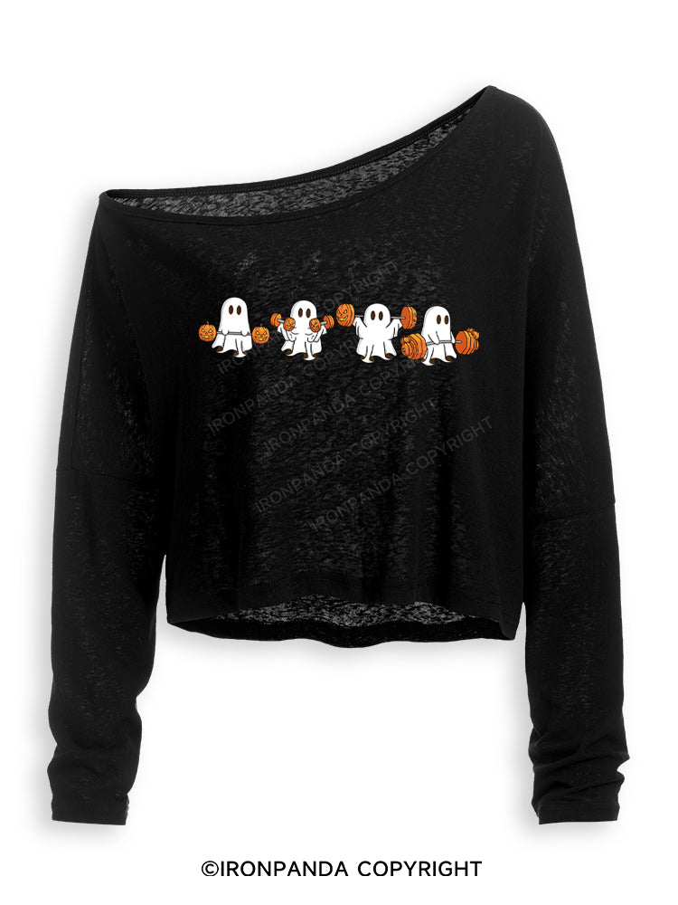 WEIGHT LIFTING GHOSTS FUNNY FITNESS Off Shoulder Long Sleeve Crop Top
