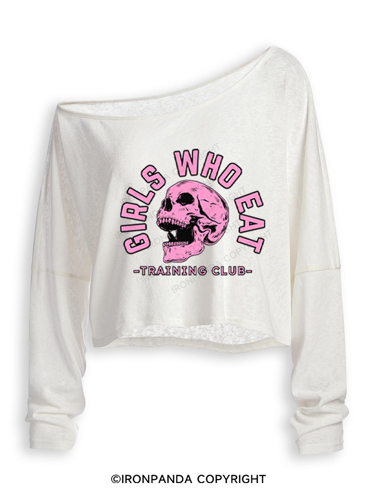 Girls Who Eat Skeleton Weightlifting Off Shoulder Long Sleeve Crop Top