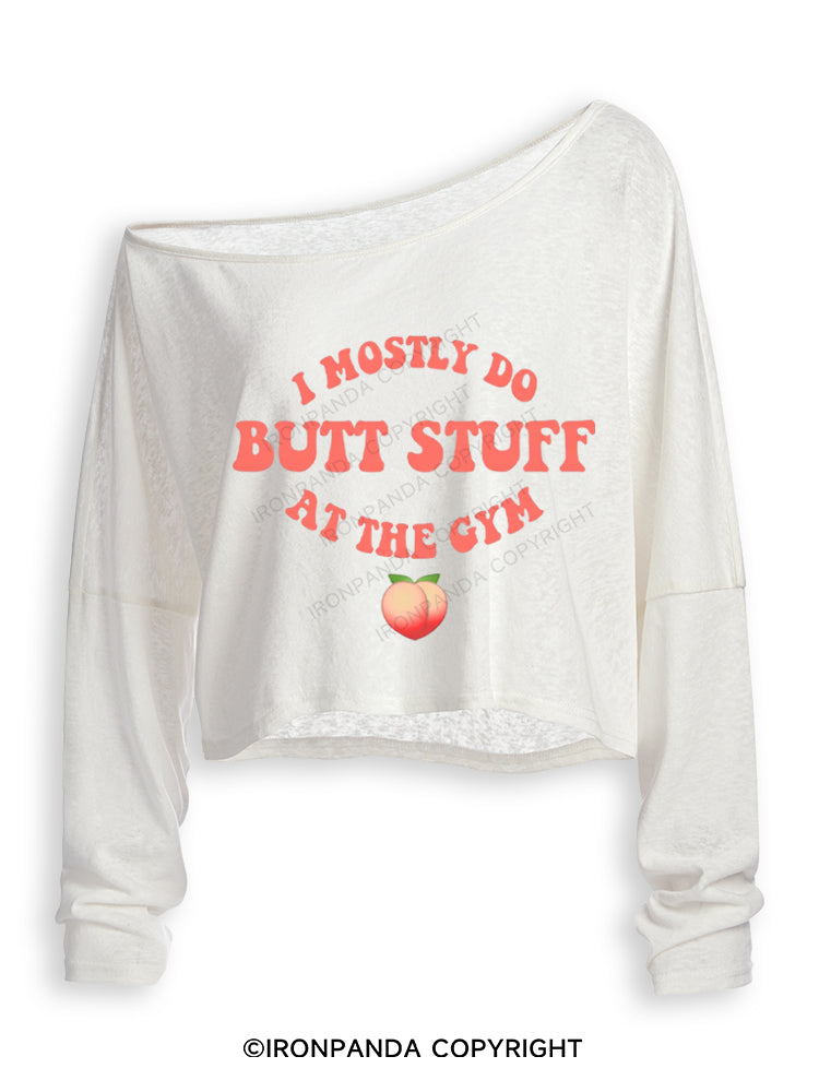 I Only Do Butt Stuff At The Gym Peach Booty Off Shoulder Long Sleeve Crop Top