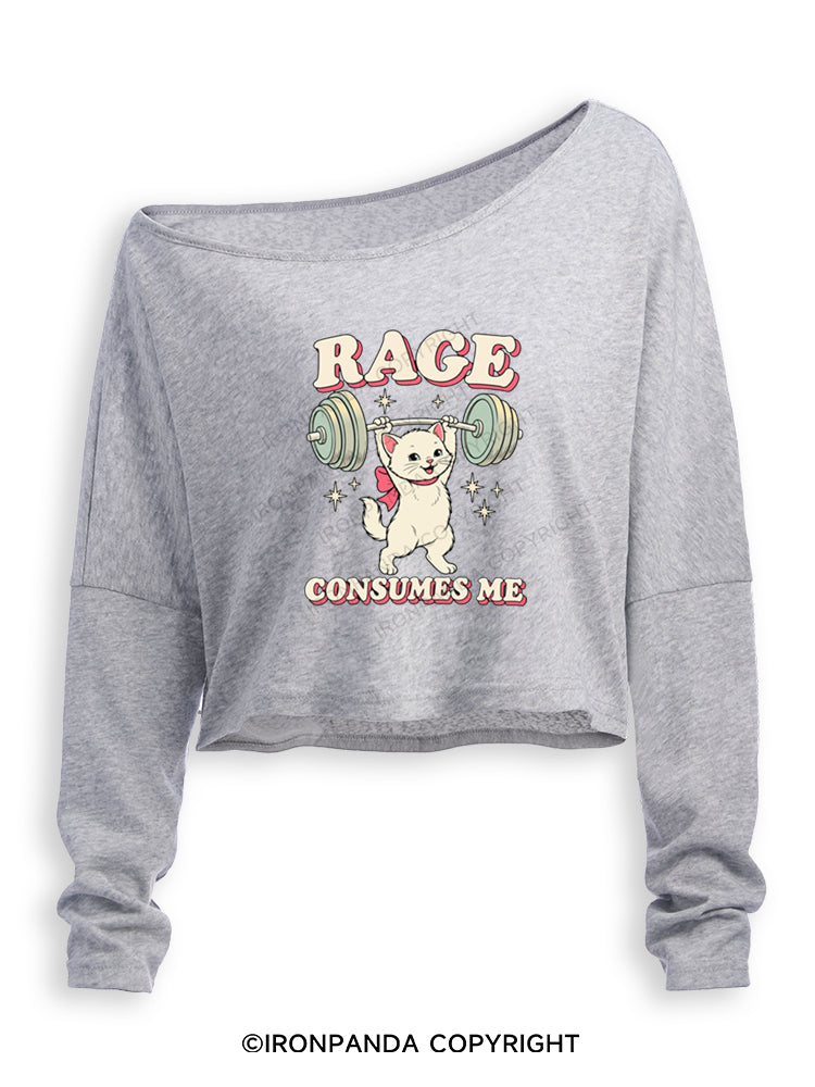 RAGE CONSUMES ME FUNNY CAT WEIGHTLIFTING Off Shoulder Long Sleeve Crop Top