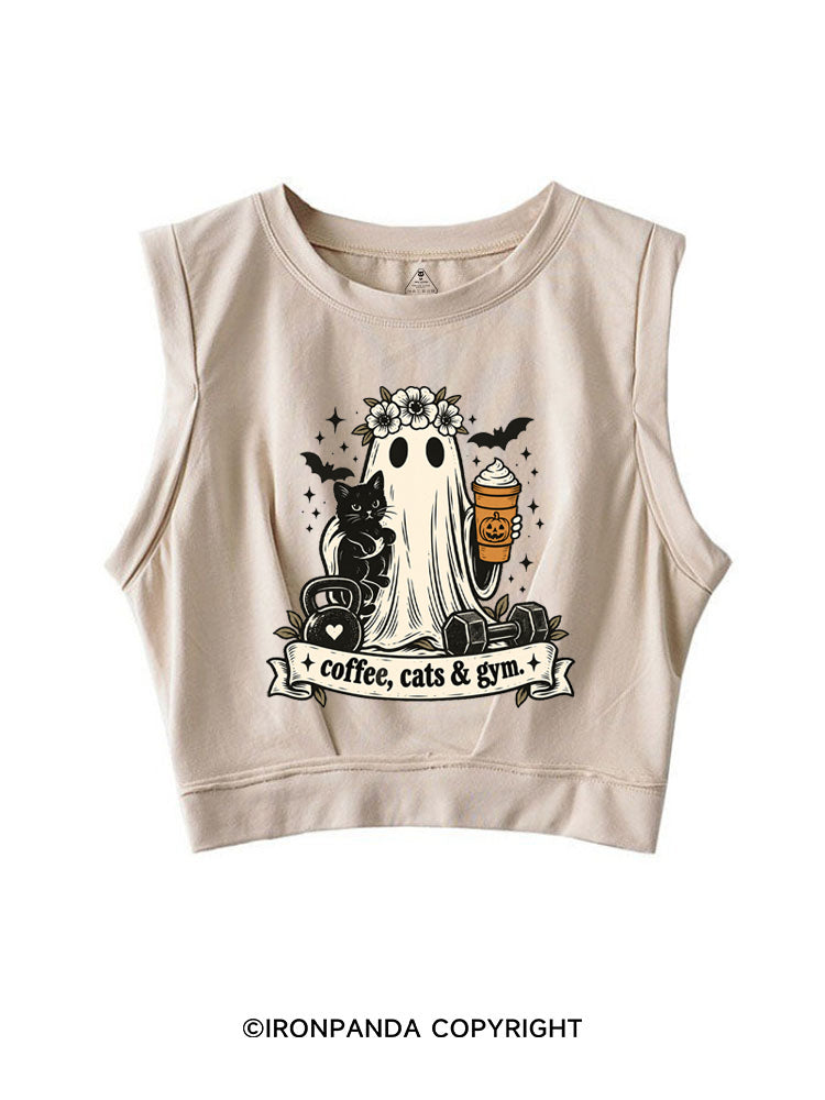 COFFEE, CATS & GYM HAPPY HALLOWEEN SLEEVELESS CROP TOPS