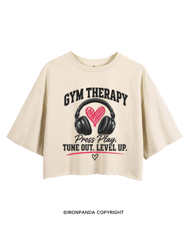 GYM THERAPY Press Play TUNE OUT LEVEL UP CROP TOPS