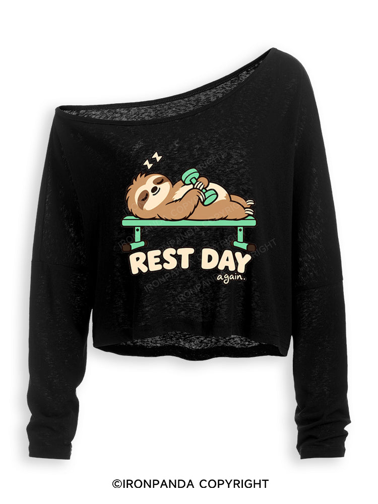 Rest Day Again Lazy Sloth Off Shoulder Long Sleeve Crop Top