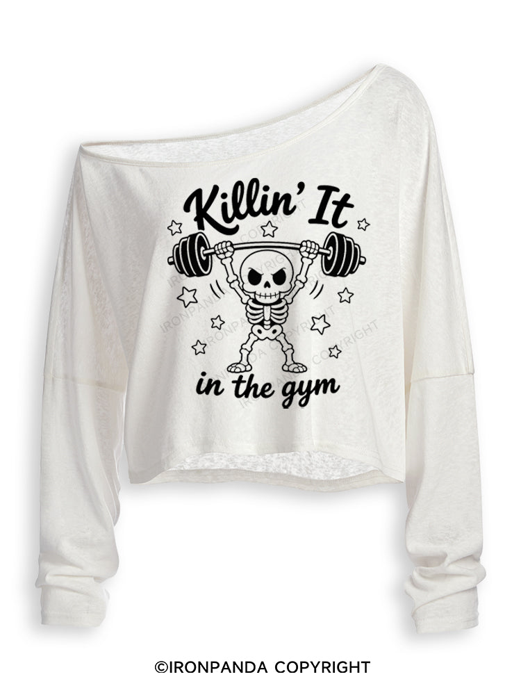 KILLIN' IT IN THE GYM SKELETON Off Shoulder Long Sleeve Crop Top
