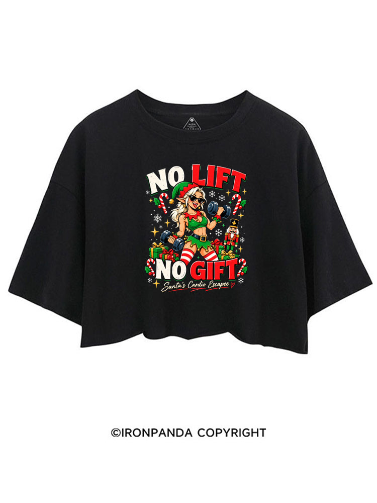 NO LIFT NO GIFT SANTAS CARDIO ESCAPEE ELF CROP TOPS