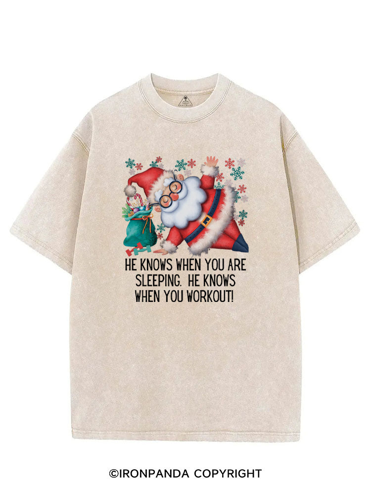 Funny Christmas Santa Knows When You Workout VINTAGE GYM SHIRT