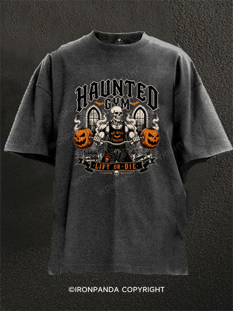 Haunted Gym Halloween Workout Skeleton Pumpkins Washed Gym Shirt