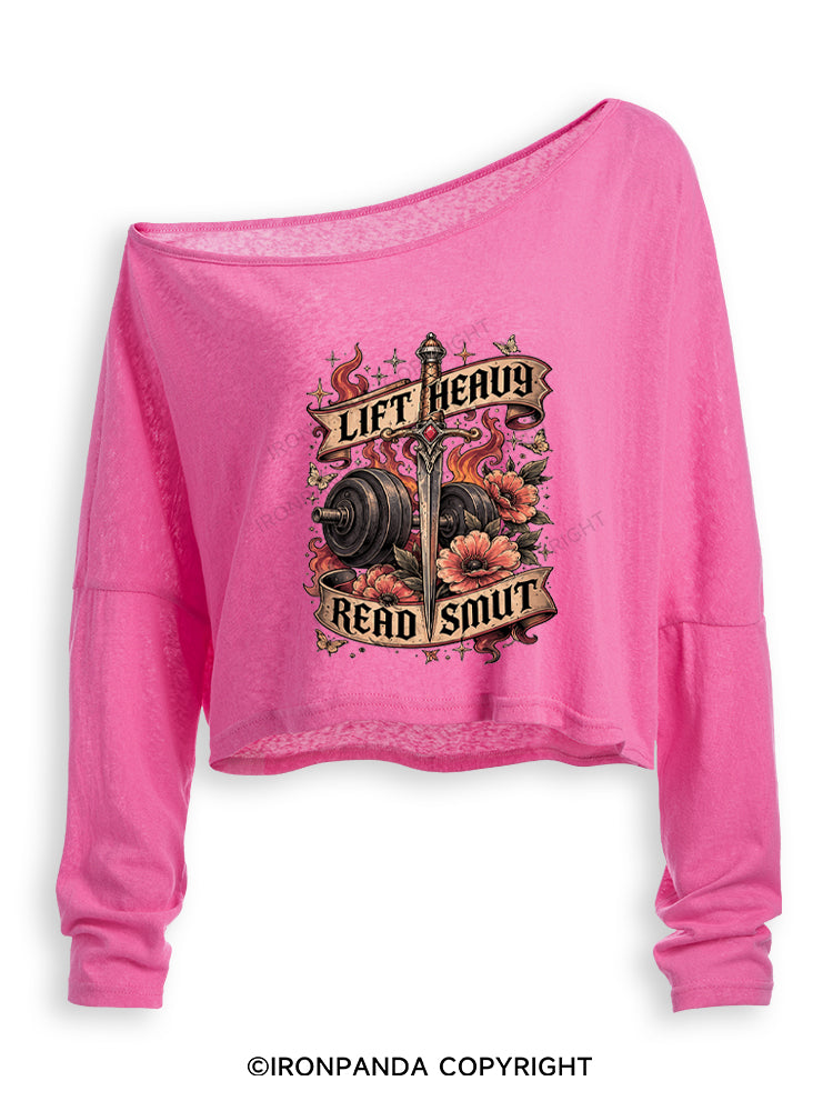 Lift Heavy Read Smut Bookish Fitness Off Shoulder Long Sleeve Crop Top