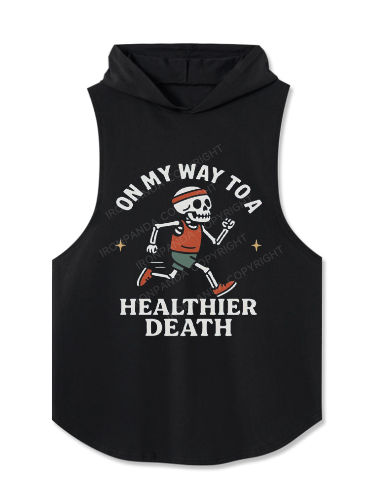 On My Way to a Healthier Death Skeleton Running Hooded Tank